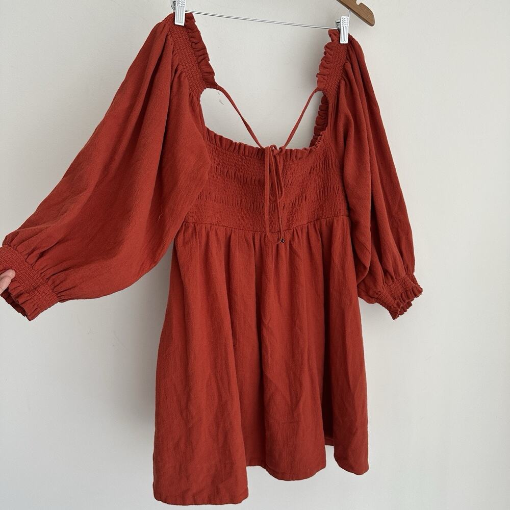 Free People Babydoll Dress Medium Boho Chic Peasant Smocked Coastal Burnt Orange